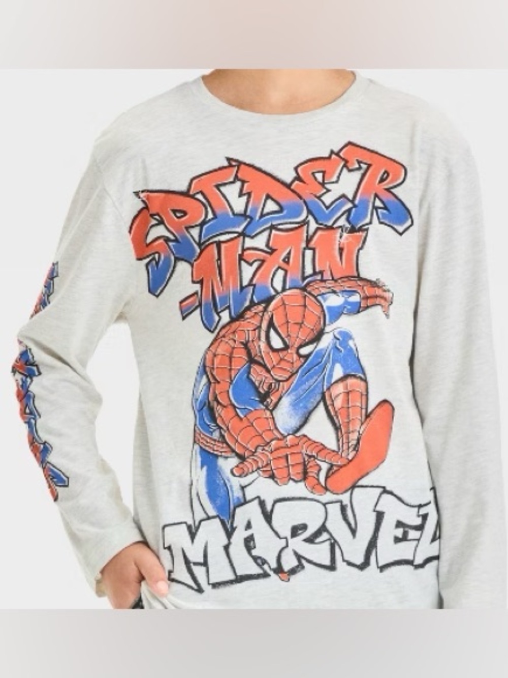 Marvel Spider-Man Graffiti Graphic Light Gray Long-Sleeve Tee